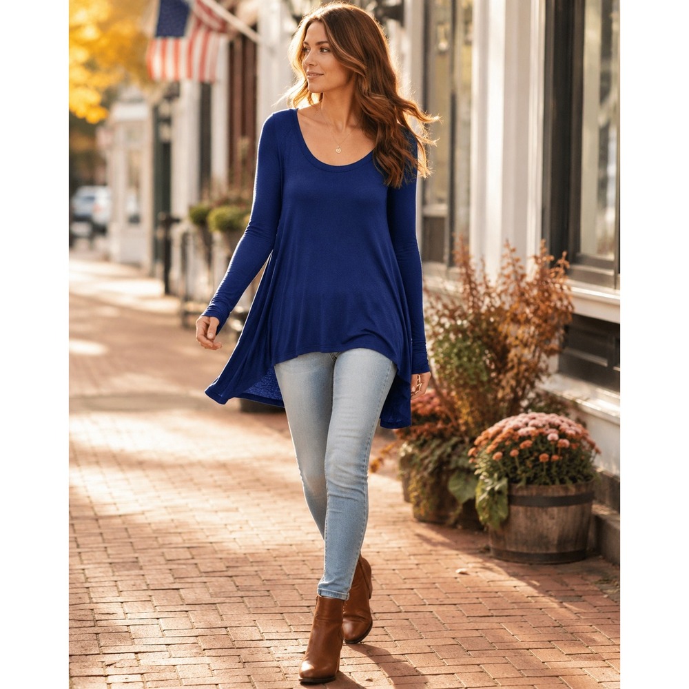 Free People Royal‎ Blue Ribbed Trapeze Tunic Swing Top Long Sleeve XS OB731121